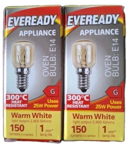 2x Eveready 25W Oven Bulb 300°C Cooker Appliance Lamp Light 25W 240V SES E14 AEG - Picture 1 of 2