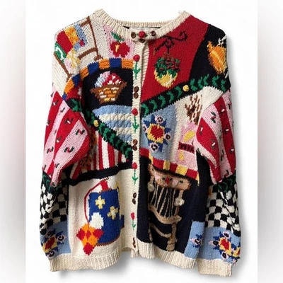 Womens Eagle's Eye 90's Vintage Hand Knit Patriotic Farmstead Novelty Cardigan M - Image 1 of 4