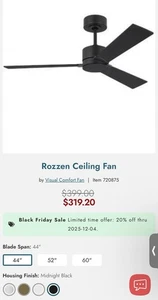 Visual Comfort Rozzen 44in Hugger Ceiling Fan in Midnight Black  3RZR44MBK - Picture 1 of 4