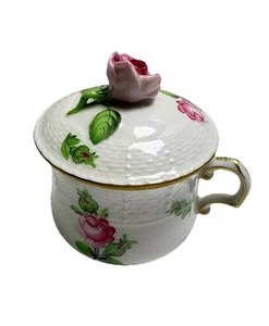 HEREND HUNGARY FLORAL POT DE CREME 2 PC SET ~STRAWBERRY FINIAL ~ 739 - Picture 1 of 8