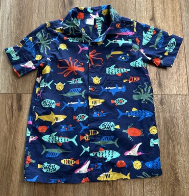 Hanna Andersson Talla 12 Niños Abotonado Océano Pez Tiburón Bajo el Agua 100% Algodón Foto 1 de 4