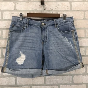 Eddie Bauer Jean Shorts Womens 10 Blue Denim Cuffed Hem Aztec Embroidered - Picture 1 of 11