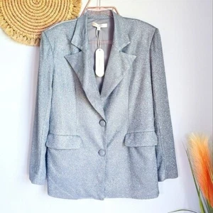 Anthropologie New Flat White Silver Metallic Sparkle Blazer Jacket Size Large - Picture 1 of 14