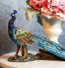 Elegant Iridescent Blue Peacock With Beautiful Train Feathers Decor Statue 14"L