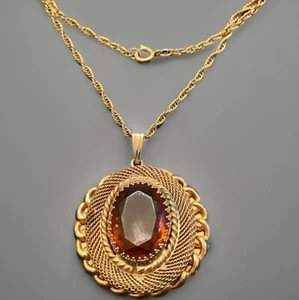 Vintage MCM Amber Colored Glass Pendant Gold tone Necklace - Picture 1 of 14