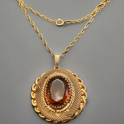 Vintage MCM Amber Colored Glass Pendant Gold tone Necklace Foto 1 de 4