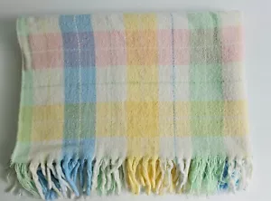 Vintage Security Blanket Pastel Plaid Woven Baby Lovey Fringe Trim Acrylic USA - Picture 1 of 3