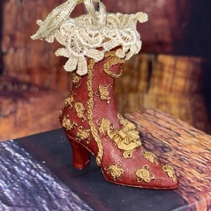 Vintage viktorianischer Stiefel Schuhbehang Weihnachtsschmuck gold rot - Bild 1 von 11