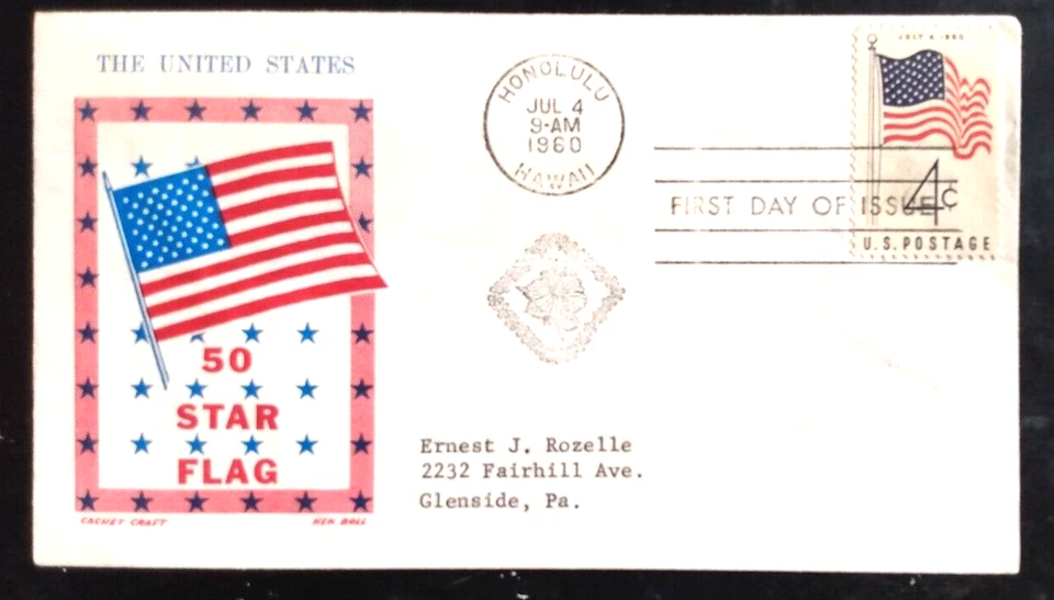 HAWAII 50TH STATE 50 STAR FLAG 1960  KEN BOLL CACHET FDC - Image 1 of 1
