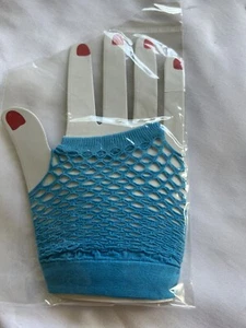 Short Blue 80s Fishnet Mesh Gloves Fingerless Club Retro Women Teens Glovelet - Picture 1 of 2
