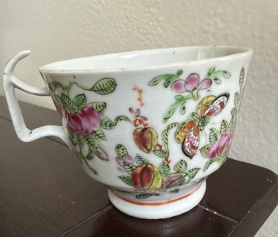 Antigua Hermosa Taza de Té China Familia Rosa Pájaro Flor Mariposa Cantón Foto 1 de 4