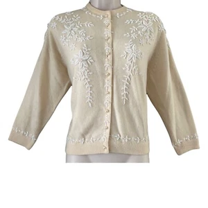 Vtg 50s Wool Cardigan Rockabilly Sweater, Sz M, Beaded Hong Kong, Marshall Field - Picture 1 of 10