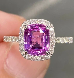 2.26 Ct Cushion Cut Pink Sapphire & Lab Grown Diamond Wedding Ring 950 Platinum - Picture 1 of 11