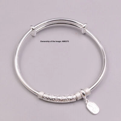 Pure 999 Fine Silver Bracelet Women Adjustable Lucky Tube Bangle 2.36inch - Image 1 of 4