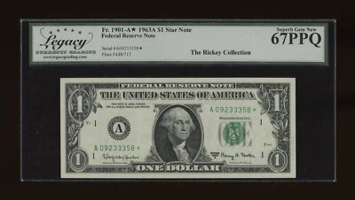 DBR 1963-A $1 FRN Boston STAR SupGem Fr. 1901-A* Legacy 67 PPQ Serial A09233358* - Image 1 of 2