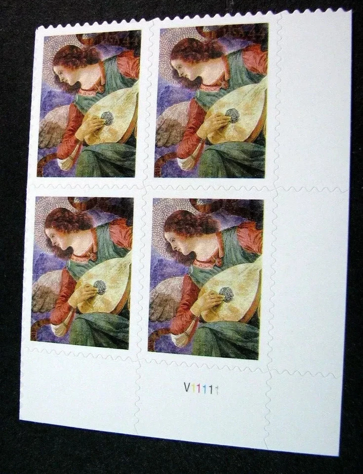 SFSTAMPS US Scott 4477 ANGEL WITH LUTE Plate Block of 4 Stamps 2010 NH Christmas - Image 1 of 1