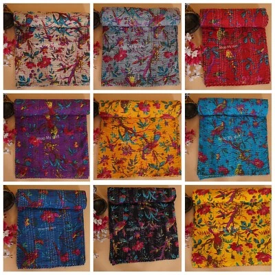 Indian Cotton Kantha Quilt Throw Bedspread Handmade Blanket Hippie Coverlets - Image 1 of 4