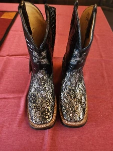 Ferrini Kids/Youth Boots Black Reprile Print w/ Gold/Silver/Black Lace SZ 3 NWT - Picture 1 of 8