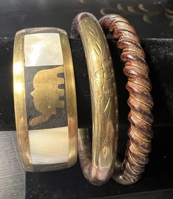 Set of 3 bangles natural wood brass Mother of Pearl Elephants bohemian festival - Image 1 of 3