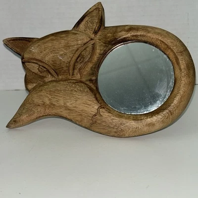 CAT / FOX MIRROR Wooden Kitten Hanging Handheld 6" tall x 8” wide Frame - Image 1 of 4
