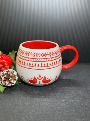 Taza de gres Magnolia Hearth & Hand roja nórdica Christmas Fair Isle, pájaros 14 oz Foto 1 de 4