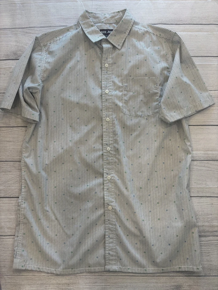 Ron Jon Shirt Mens Large Blue White Green Striped Short Sleeve Button Up Cotton - Image 1 of 4