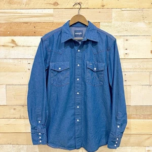 Vintage Wrangler Shirt Mens Medium Blue Denim Brushpopper Pearl Snap Western - Picture 1 of 4