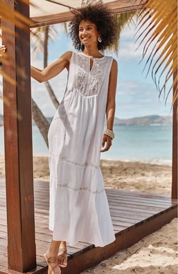 Vestido J. Jill Gasa Blanco Cebada Bordado Cuentas Boho Maxi Vestido en Niveles XL Foto 1 de 4