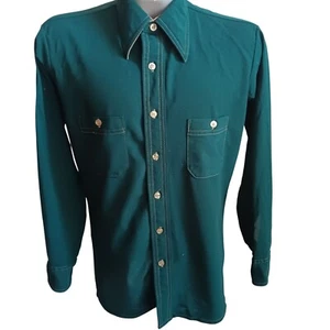 Men's Medium 16 Vintage Shirt 1970's Green Stretch Polyester Shirt Disco Collar - Picture 1 of 7