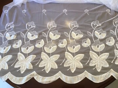 1 Yd Vintage WHITE Mesh Floral Fabric LACE 48”w Scalloped Edge Embroidered Satin - Image 1 of 2
