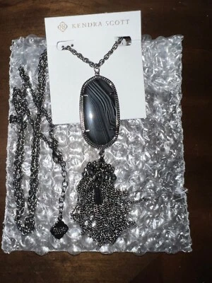 Kendra Scott Rayne Colgante Collar Gunmetal BBA Negro Bandas Ágata RARO ¡NUEVO! Foto 1 de 3