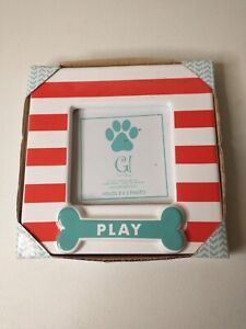 Dog Bone Play Ceramic Photo Frame Red And Blue Striped Holds 3 X 3 Picture 