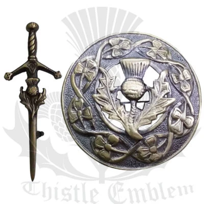 THISTLE EMBLEM Schottischer Kilt Pin Distel Crest Antik Optik 10.2cm Highland Fly Plaid Brosche
