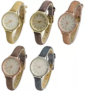 Blekon Collections Japanese Quartz Womens 34mm Case Glittery Leather Strap Watch - Picture 1 of 41
