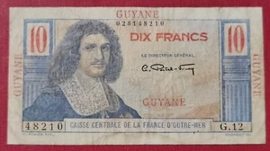 BILLET CAISSE CENTRALE OUTRE-MER 10 Francs COLBERT 1947 pick 20 surcharge GUYANE - Imagen 1 de 2