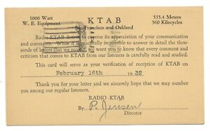 QSL, KTAB, Oakland, California, 1932