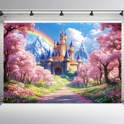 10x8ft Rainbow Pink Cherry Blossom Magic Castle Photo Background Studio Props - Image 1 of 4