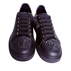 Versace Womens 1008961 Medusa Black Leather Sneakers W Gold fabric heel sizes - Picture 1 of 26