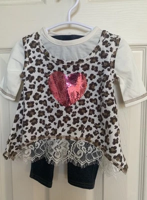 Little Lass 6 Mos Baby Girl Outfit Long Sleeve Cheetah Shirt Blue Jeans Sequins - Image 1 of 4