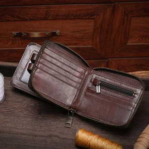 Men's Genuine Leather Bifold Wallet Short Zip Design Wallets For Cards - Picture 1 of 8