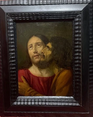 HUILE sur CUIVRE "BAISER DE JUDAS" ÉCOLE FRANÇAISE ENCADRÉE MILIEU / FIN XVIIe - Photo 1/4