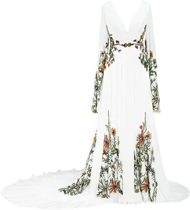 Floral Embroidered Wedding Dress V Neck Gowns with Long Sleeves Boho Bride Gown - Picture 1 of 10