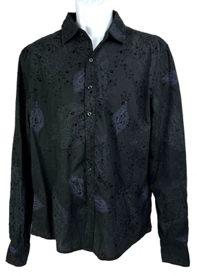 HOUSE OF LORDS Mens Shirt Black with Paisley Blue Velvet L Long Sleeves Buttons - Image 1 of 4
