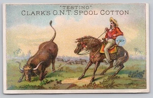 Clark's Thread Victorian Trade Card Horse Rider Bull Rodeo Lasso Blank Back - Picture 1 of 2