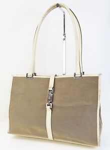 Auth GUCCI Jackie Beige Canvas and Leather Tote Hand Bag Purse #45097