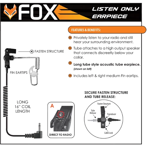 2.5mm FOX Listen Audio Only Long Cable 16" Coil Length Police Earpiece - Image 1 of 1