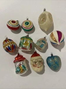 Lot of 10 Vintage Christmas Ornaments Stripes Mercury Blown Glass Mica  Santa - Picture 1 of 23