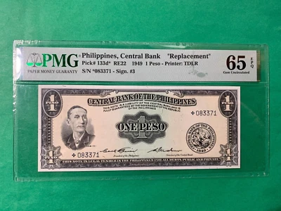 PHILIPPINES 1949 ONE PESO ENGLISH SERIES REPLACEMENT STARNOTE P-133d PMG UNC 65E - Image 1 of 2