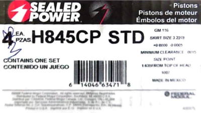 Pistón sellado Power H845CP STD. Se adapta a: Saturn L4 1,9 L 1995-98 (14-C1) Foto 1 de 4