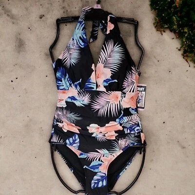 NWT DKNY Small Tropical Floral One Piece Tummy Control Halter Neckline Swimsuit - Image 1 of 4